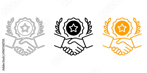 Photos Agreement Seal Icon Variations: Three stylized icons depict a handshake, encircled by a laurel wreath and a star, symbolizing partnership and achievement