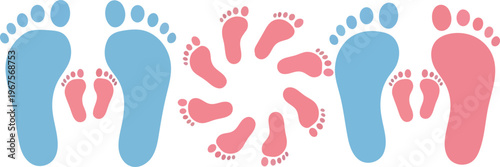 Baby footprints set, blue and pink baby feet icons, newborn footprint collection, gender reveal concept, vector illustration