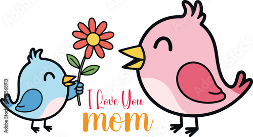 Cute baby bird giving a flower to its mother, i love you mom greeting card design