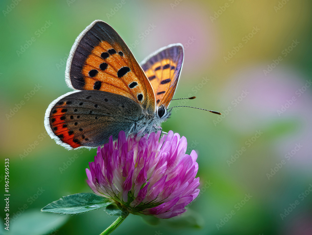 Fototapeta premium Close-up photograph of a butterfly on pink clover, rich orange and black wing patterns, creamy green bokeh background, shallow depth of field, soft daylight - AI-Generated