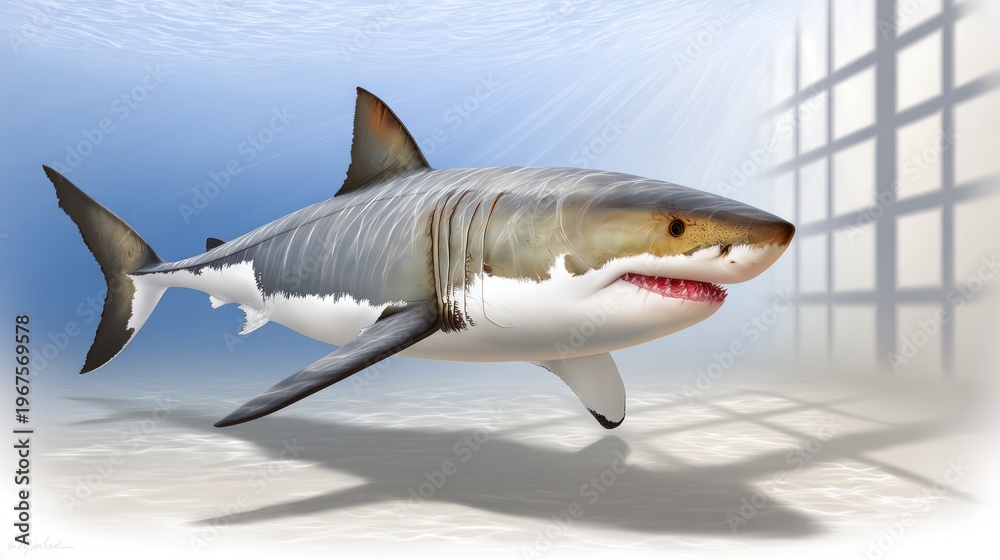 Naklejka premium Great white shark gracefully swimming in enclosed aquatic environment