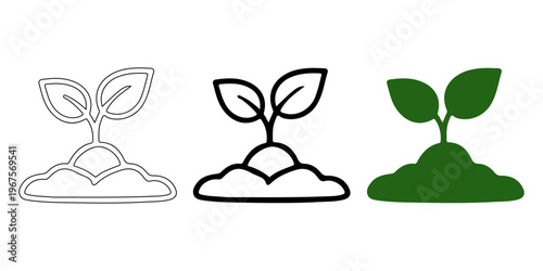 Green Sprout Illustration Set: A minimalist representation of new life, showing a set of three distinct illustrations of a young plant emerging from the soil. The image captures the essence of growth.