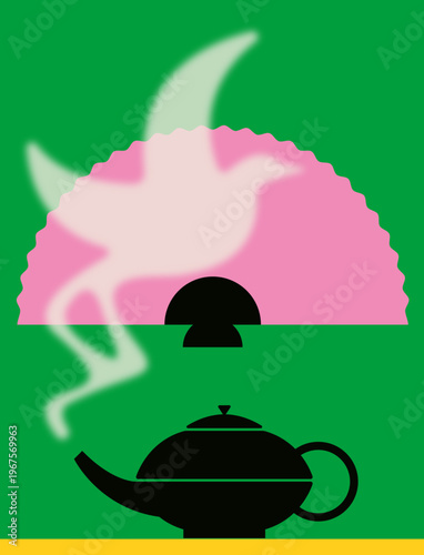 Teapot with Steam Shaping a Bird and Fan in the Background