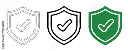 Protection Icon Variations: A collection of shield icons, each displaying a checkmark. Demonstrating security and assurance in various styles.