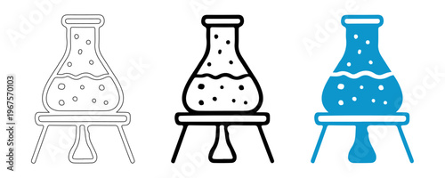 Lab flask illustration: A scientific lab flask with liquid inside on a stand for a science lab setting, shows different versions of illustration style.
