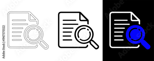 Document Examination Icon Set: A collection of stylized document examination icons, each rendered with a distinct visual style, symbolizing the act of scrutinizing, analyzing.