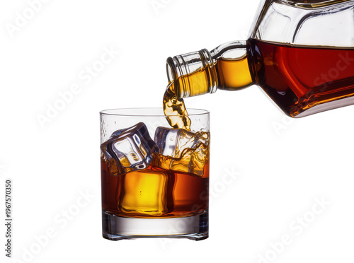Fényképezés Isolated golden amber whiskey drink poured from a glass bottle into a tumbler wi