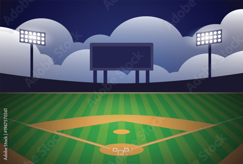 Vector baseball diamond baseball field at night with stadium lights and infield dirt and outfield grass stock illustration