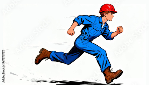 A vector cartoon illustration depicting a fast-running worker in a blue construction suit and an orange hard hat.