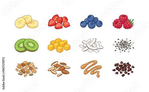 Assortment of healthy smoothie bowl toppings including fruits, nuts, and seeds