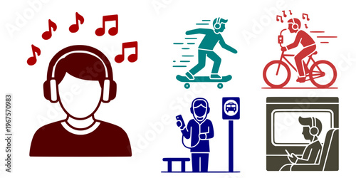 Glyph-style vector set about a person wearing headphones: a person listening to music while roller skating, a teenager listening to music while riding a bicycle, a woman wearing headphones on her way 