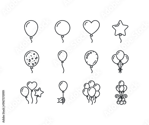 Collection of simple line art balloon icons in various shapes and arrangements