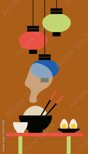 Table with Rice Bowl, Chopsticks, Eggs and Hanging Lanterns