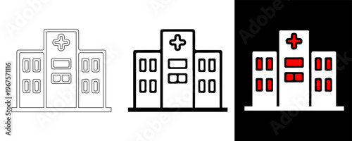 Hospital Icon Set: A set of distinct hospital icons, each offering a unique perspective on a vital symbol of healthcare, suitable for various design applications.