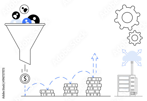 Business optimization, digital transformation, automation, revenue analysis, cloud computing, data processing. Funnel filtering inputs, money stacks gears and cloud server. Business optimization