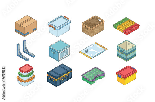 Various home storage containers and organizers shown in isometric view