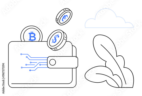 Cryptocurrency, blockchain, fintech, digital payments, online transactions, financial security. Minimal wallet with digital coins and circuitry. Cryptocurrency and blockchain