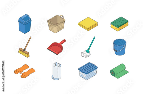 Collection of isometric household cleaning supplies and tools on a white background