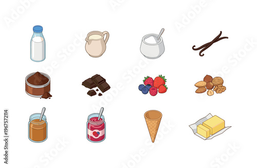 Collection of ingredients for making ice cream and desserts