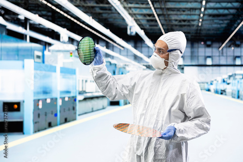 Bilde på lerret Inspecting semiconductor production, photolithography and Indian man optimizing infrastructure