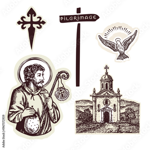 Saint James the Greater patron saint of pilgrims icon set. Hand drawn black and white vector motif element bundle. For catholic pilgrimage to Spain Santiago de Compostela for holy place shrine. 