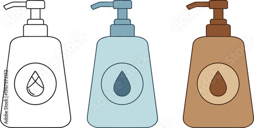 Pump bottle vector illustration with soap and lotion dispenser design in black, blue, and brown