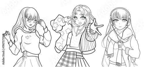 Set of illustrations of coloring pages for girls in anime style on a white background. Vector illustration