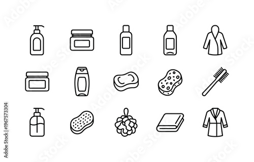 Body lotion bottle, body cream jar, body oil bottle, body scrub jar, shower gel bottle, soap bar, liquid soap dispenser, sponge,