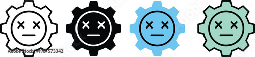 Vector illustration of gear icons with neutral faces in multiple colors for technology, malfunction, and inactive system designs