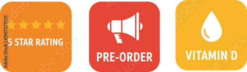 Vector illustration of promotional badges with star rating, pre‑order megaphone, and vitamin D droplet icons for marketing designs