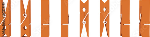 Vector illustration of wooden clothespins with metal springs shown from multiple angles for household and everyday object designs