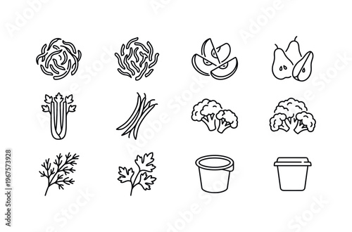 Cabbage shreds, purple cabbage shreds, apple slices, pear slices, celery stalks, green beans, broccoli florets, cauliflower