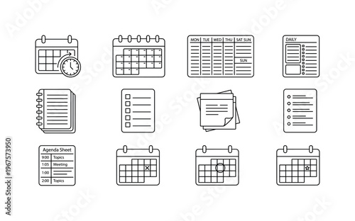 Deadline calendar, monthly planner, weekly planner, daily planner, notebook, checklist, sticky notes, task list, agenda sheet,