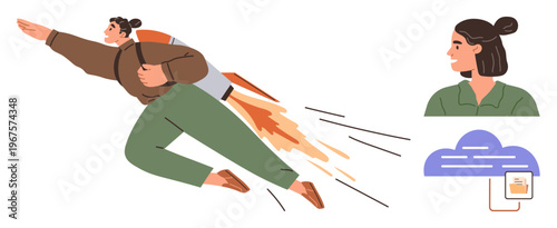 Innovation, digital connectivity, personal growth, cloud computing, mobility, modern solutions. Person with a rocket backpack and cloud storage icon. Innovation and digital connectivity concept