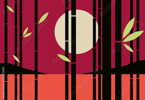 Sunset over the Sea Viewed through Bamboo