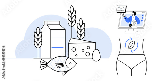 Nutrition concept. Nutrition illustrated through dairy, grains, fish, and eggs for balanced diets. Nutrition impacts gut health and digestion. Useful for healthy living, dieting, education medical