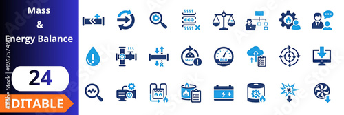 Industrial mass energy balance outline icons set. system analysis, process control, flow measurement, sustainability, efficiency optimization, engineering tools