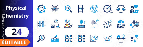 Physical chemistry flat icons set. reaction cycle, molecular structure, magnifying glass, lab experiment, gas law graph, stopwatch timer, balance scale, data analysis