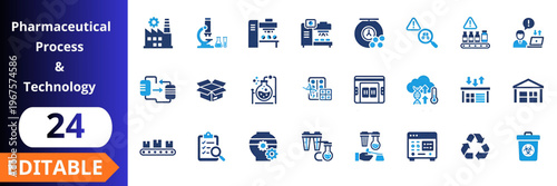 Pharmaceutical process technology flat icons set. laboratory research, drug manufacturing, quality control, production line, medical analysis, automation systems
