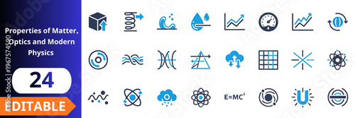Physics science icons flat design set. matter properties, optics light, modern physics, waves motion, energy transfer, atom structure, magnet force, data analysis