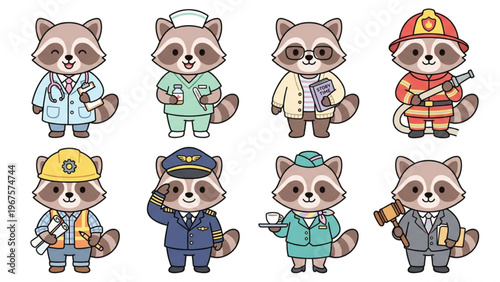 Set of funny cartoon animals featuring a cute raccoon, character collection in a vector illustration Animal in Uniform, Doctor, Nurse, Firefighter, Air Hostess, Flight Captain, Teacher, Engineer