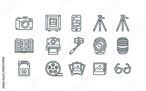 A memory photo scene with a camera, photo frame, smartphone, tripod, photo album, Polaroid, selfie stick, lens, memory card, photo