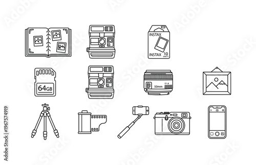 A casual photo moment arrangement with a digital camera, smartphone, tripod, photo album, Polaroid, lens, memory card, photo reel,