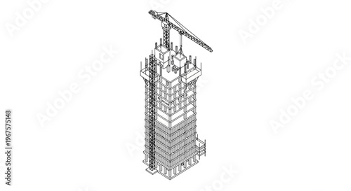 Architectural blueprint of a towering structure with a crane on top.