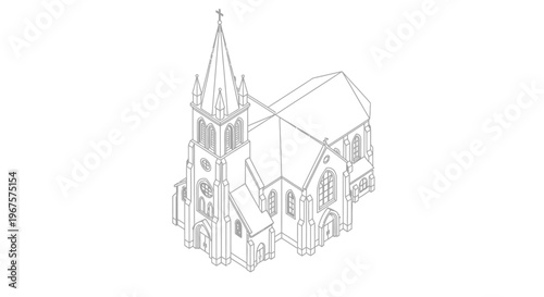 Detailed Isometric Line Art Drawing of a Traditional Church Building.