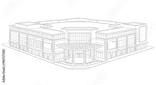 Detailed Wireframe Drawing of a Modern Shopping Mall Building.