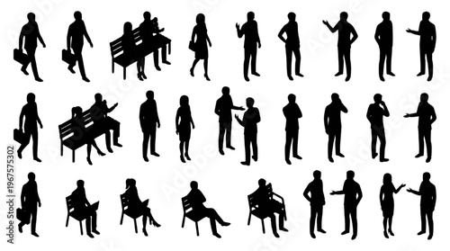 Isometric Black Silhouette People Vector Set: Men and Women Sitting on Benches, Walking, and Talking