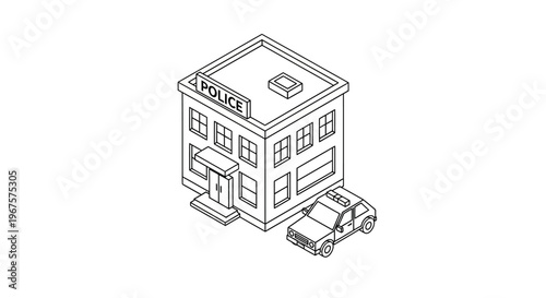 Isometric Line Art Drawing of a Police Station Building with a Patrol Car.