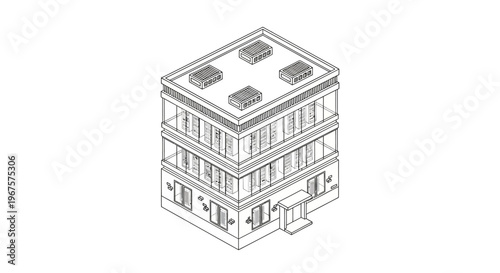 Isometric Line Art Drawing of a Modern Four-Story Building.