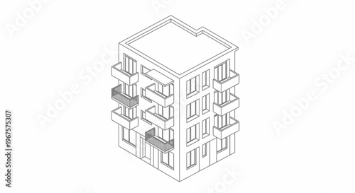 Isometric line art drawing of a modern residential building.